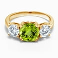 thumbnail image 2 of Gem Stone King 18K Yellow Gold Plated Silver Green Peridot and Moissanite 3 Stone Engagement Ring for Women (3.50 Cttw, August Birthstone, Cushion Checkerboard 8MM, Size 8), 2 of 5