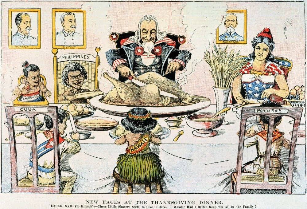 Thanksgiving Cartoon, 1898. /Nnew Faces At The Thanksgiving Dinner: American  Cartoon, 1898, On The . Territorial Acquisitions Following The  Conclusion Of The Spanish 