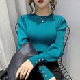 thumbnail image 3 of Fashion O-neck Elastic Female Pullover Sweater Lantern Sleeve Buttons Women Jumpers Knit Tops Winter Clothes Women Pull Femme, 3 of 6