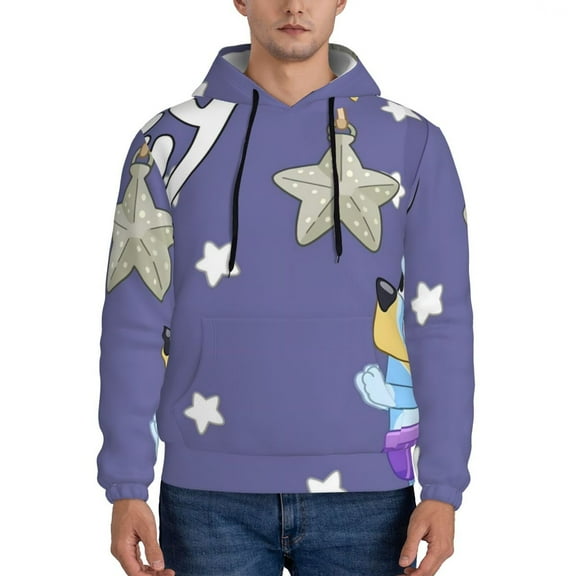Zofaai Bluey Pattern Men's Hooded Sweatshirt, Drawstring Hoodie with Pockets Sweatshirt Long Sleeve, Adult Clothing-X-Large