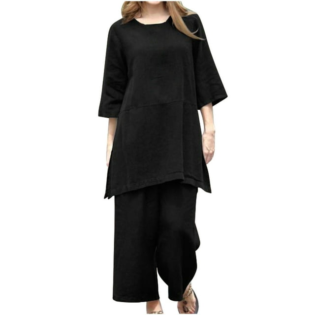 Tenues Décontractées en Coton et Lin pour Femmes Grande Taille 2 Pcs Col Rond Manches 3/4 Hauts Pantalons Larges Ensembles de Détente Survêtement