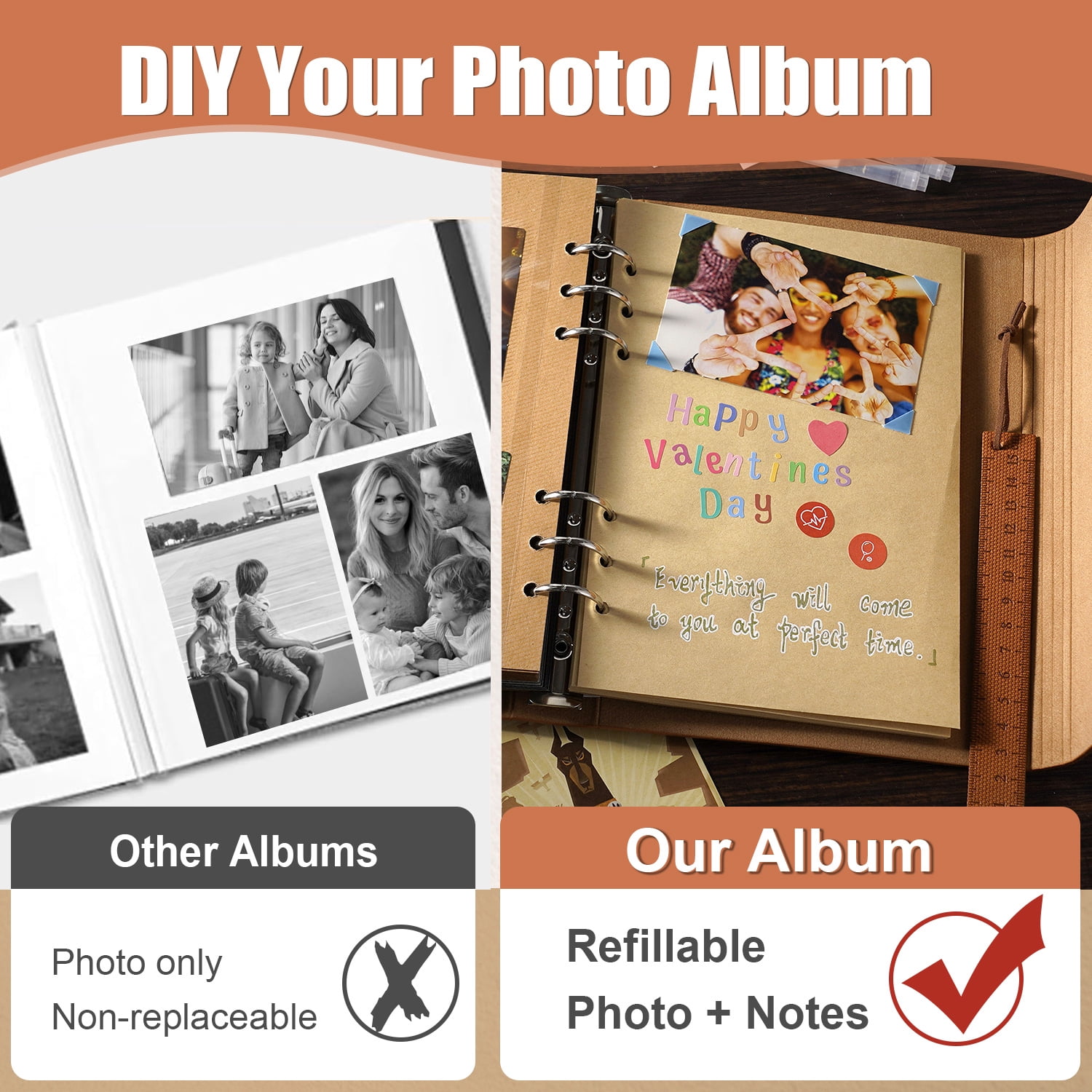 TJT 104 Pages Scrapbook Album, Self Adhesive Photo Album DIY Photo Book, Leather Memory Book for Wedding Baby Family Travel Birthday Christmas Brown