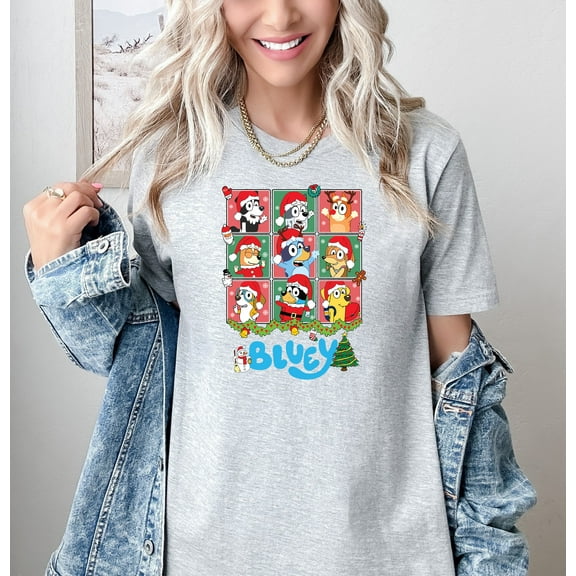 Moonlight Apparel Bluey Christmas Family T-Shirt for Kids & Adults Holiday Cartoon Character Tee Cute Festive Matching Outfit Top Red Green Winter Graphic Shirt for Boys Girls Men Women