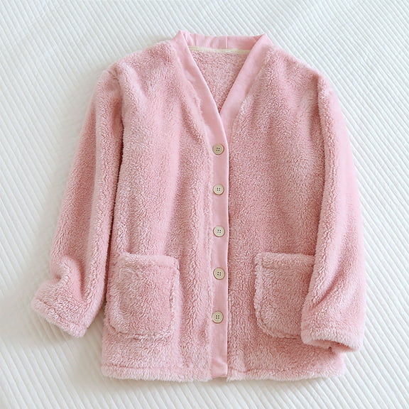 YUTK Women Fuzzy Fleece Jacket Pajama Tops V-Neck Button Down Sleepwear Long Sleeve Plush Warm Winter Coat with Pockets Pink L