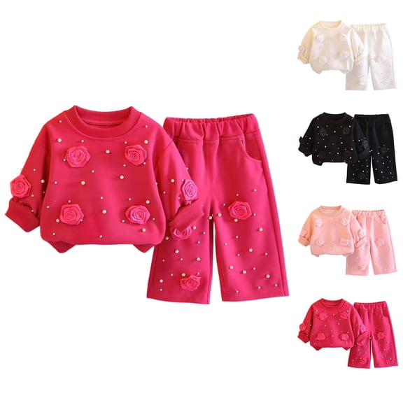 THDHVS Toddler Outfits for Girls,Girls Solid Floral Print Round Neck Long Sleeve Sweatshirt Pants Casual 2 Piece Set,Girls' Clothing Sets Hot Pink 0-1 Year