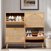 Ktaxon Rattan Shoe Cabinet with 4 Flip Drawers 24 Pairs,Narrow Shoe Storage Cabinet for Entryway, Bedroom, Living Room, Apartment, Natural