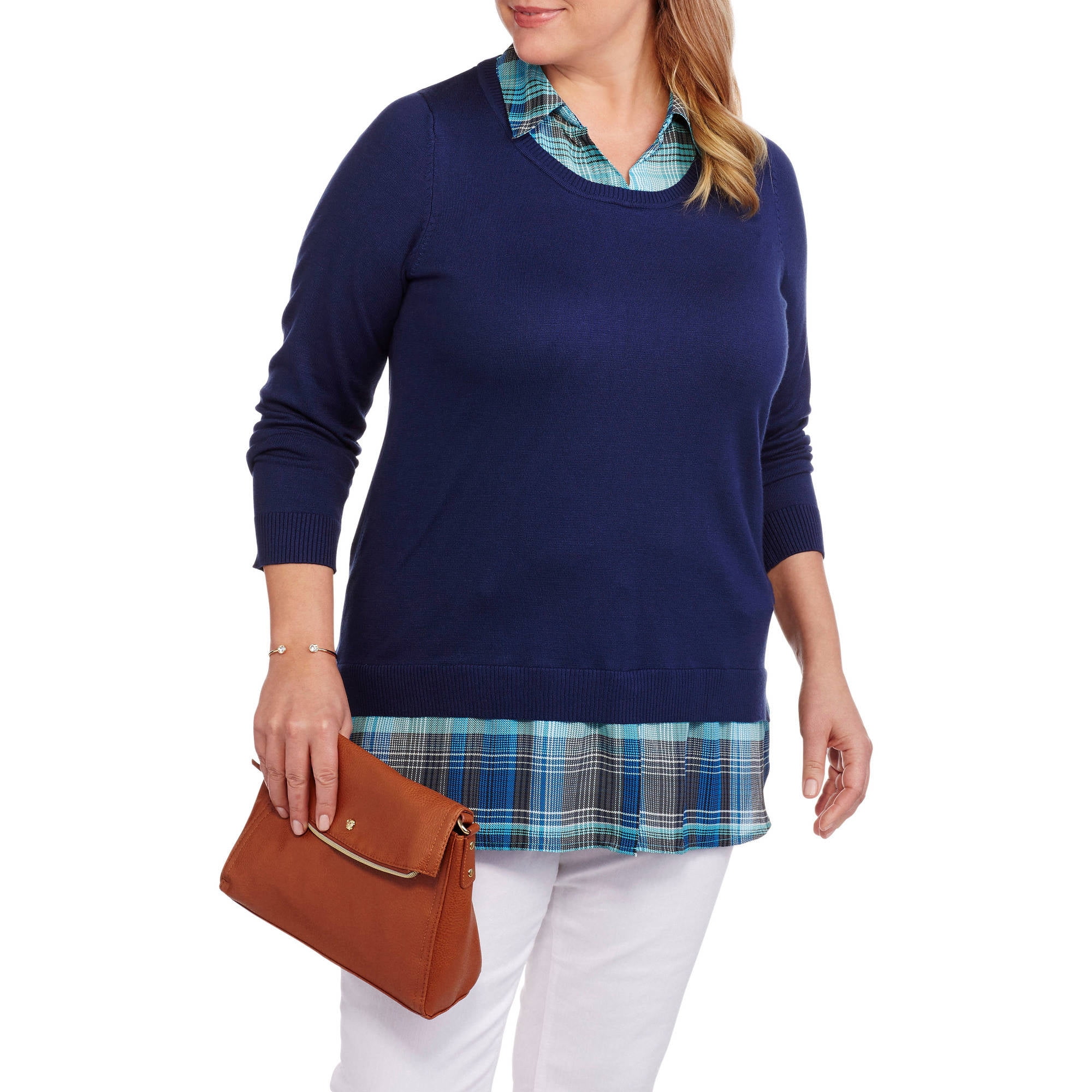Women's Plus Twofer Sweater with Built in Collared Shirt