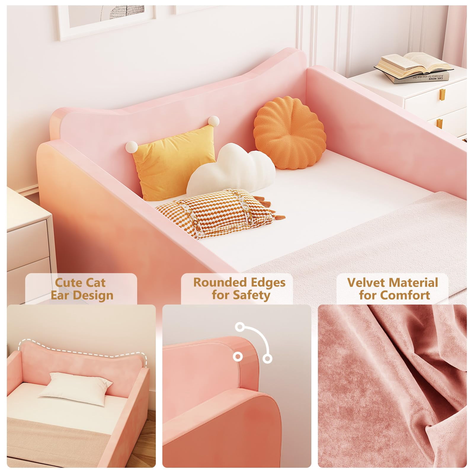 Zimtown Wood Bed, Floor Bed with Safety Guadrail, Montessori Bed with Soft Velvet Wood Bed, Mattress not Included (Pink)