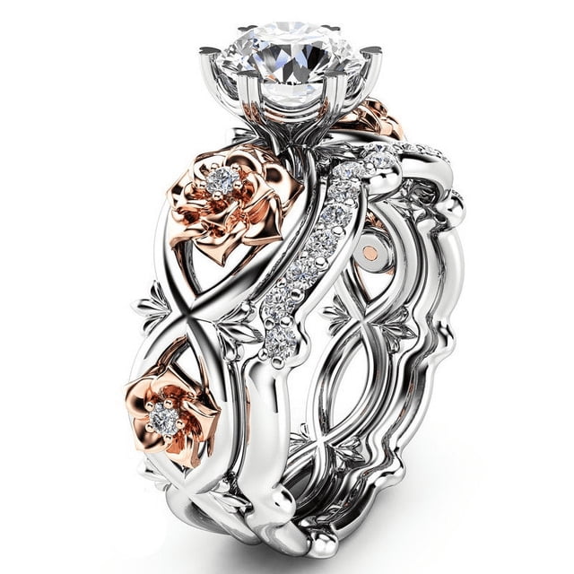 Rings Set Engagement White Women Rose Wedding Silver Floral Gold Filled Rings 2PCS