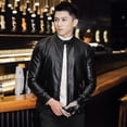 thumbnail image 3 of Chaqueta de cuero para hombre, chaqueta de cuero sintético para motocicleta, de negocios, de invierno, con cuello alto, informal, cortavientos, abrigo ajustado, 3 of 5