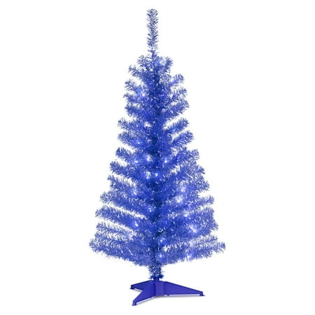 4 Ft Tree With Lights National Tree Pre-Lit 4' Tinsel Wrapped Artificial Christmas Tree with Plastic Stand and 70 Clear Lights, Blue ()