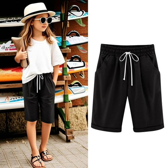 Girls Casual Bermuda Shorts Children's Casual Thin Outerwear Elastic Waistband Loose Knee-Length Pants 5-13 Years