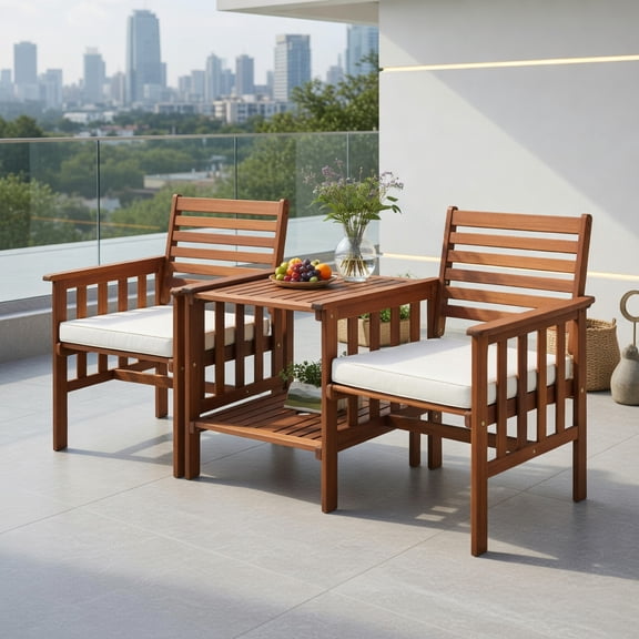 Resenkos 3 pcs Outdoor Patio Table Chairs Set, Small Patio Conversation Furniture Set with Acacia Wood Loveseat-White