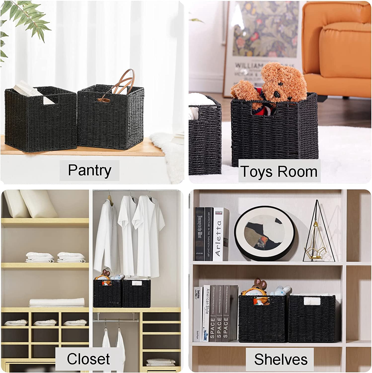Storage Basket, Set of 2 Hand-Woven Storage Baskets for Organizing with Handles, Foldable Cube Storage Baskets Bins Organizer, 13 inch Large Wicker Baskets for Shelves & Decor, Black