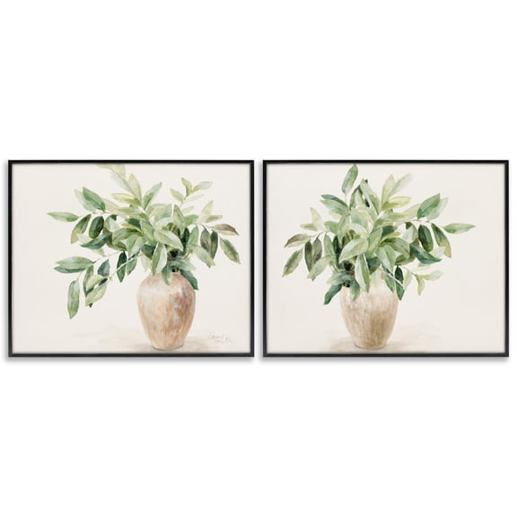 Stupell Industries Vase of Hardy Green Foliage Plants & Flowers Painting Black Framed Art Print Wall Art, 14 x 11, Set of 2