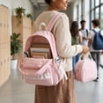 thumbnail image 6 of 3 In 1 Backpack Combo, Vertical Stripe Lace Trim Oxford Rucksack, Adjustable Padded Strap Sweet Cute School Kit for Teen Girls Daily School Shopping Trip, 6 of 7