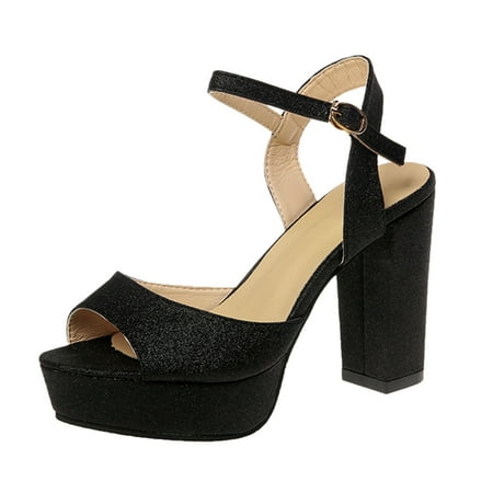 

Womens Sandals Mouth Thick Fashion Buckle Color Heel Fish Solid High Sandal Black 40