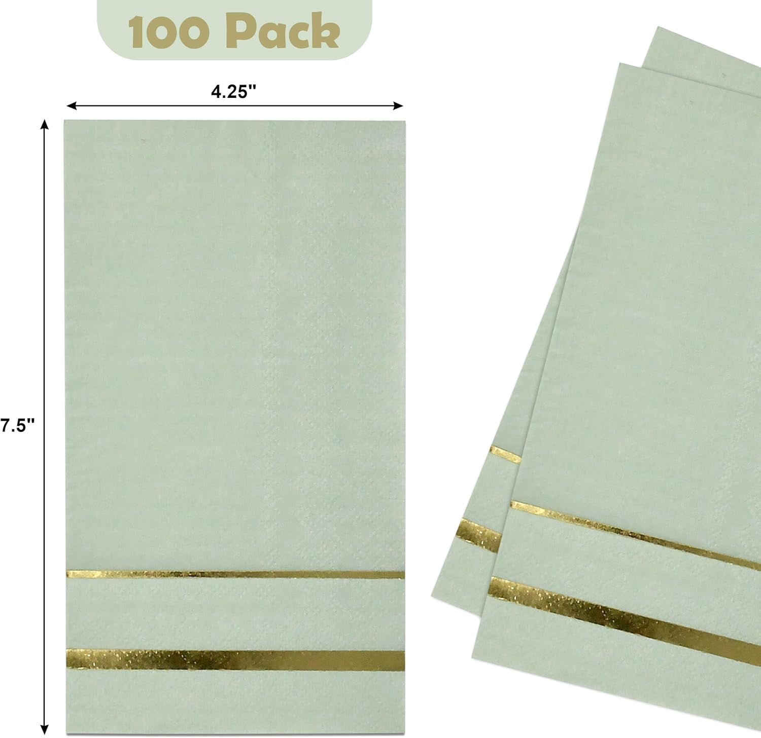 100 Count Sage Green with Gold Trim Lined Guest Napkins Elegant Dinner Hand Napkin for Bathroom Wedding Holiday Anniversary Birthday Party Bridal Baby Shower Metallic Golden Foil Decorative Towel