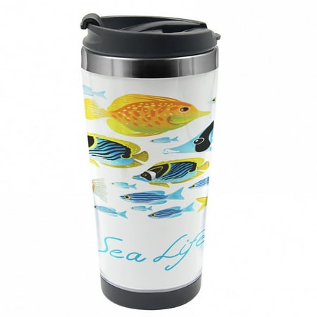 

Fish Travel Mug Cartoon Sea Life Theme Steel Thermal Cup 16 oz by Ambesonne