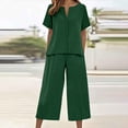 thumbnail image 2 of BiZtdJrK Travel Outfits for Women Linen Button Down V Neck Short Sleeve Tops Wide Leg Pants 2 Piece Sets Loose Breathable Summer Beach Set Green L, 2 of 7