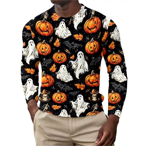 Tfken Halloween Sweatshirts For Mens Festival Long Sleeve Graphic Print Fashion Pumpkin Ghost Sweatshirts Soft Loose Comfortable Pullover Warm Winter Fall Outdoor Men Breathable Clothes Black