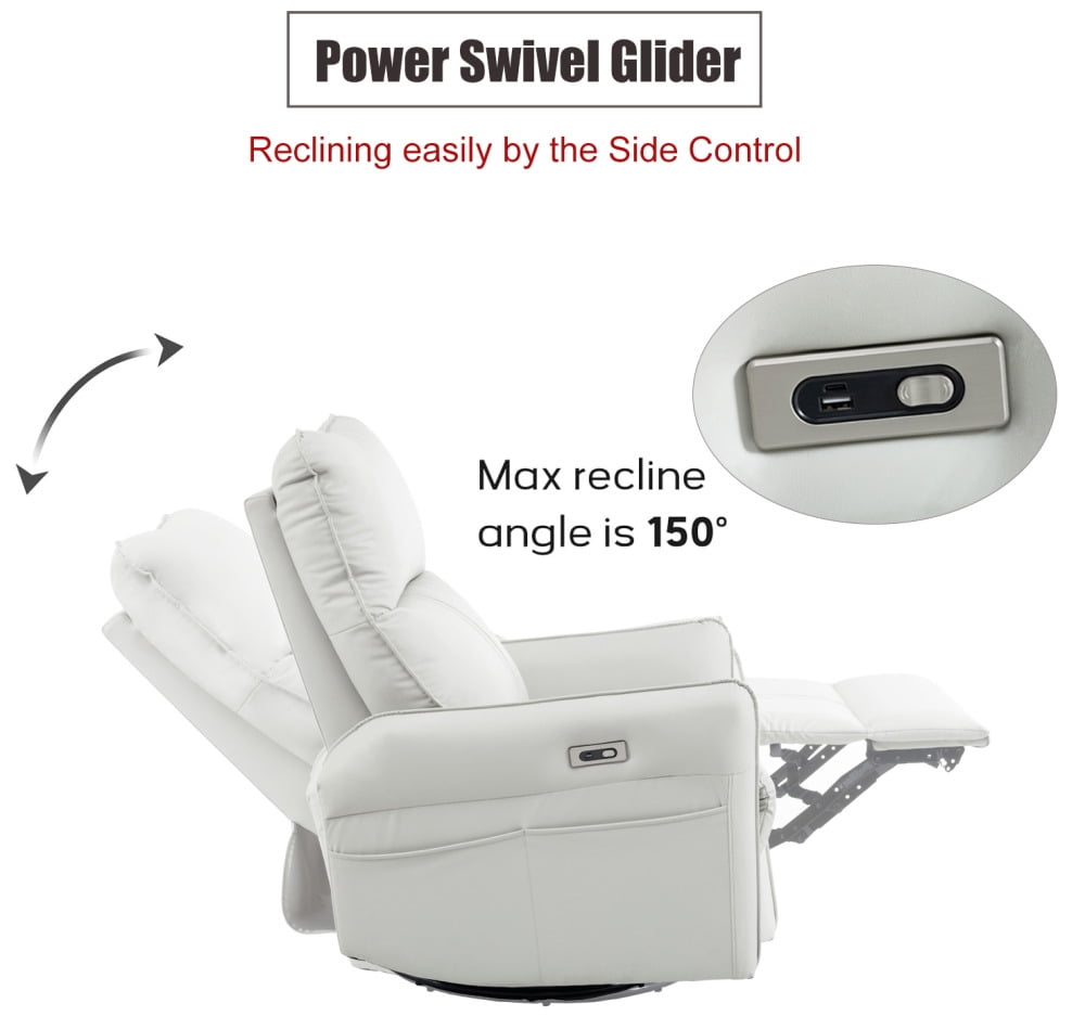Rocker Recliner Chair, Swivel Recliner Chair with High Back & Footrest, Built-in USB Ports & Side Pocket, Rocking Chair Nursery in PU Leather, Glider Rocker Chair Reclining Sofa for Living Room, Grey