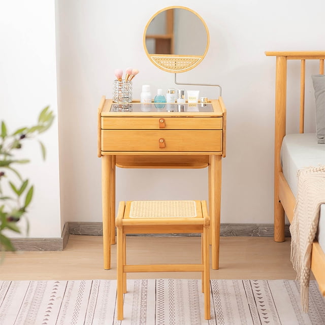 Gymax Vanity Table Set Bamboo Makeup Dressing Desk Stool Tempered Glass Tabletop