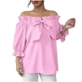 thumbnail image 2 of Xuyuer Womens Off The Shoulder Tops Puff Long Sleeve Bowknot Tie Front Loose Fit Ruffle Flowy Solid Fasion Shirts Blouses, 2 of 7