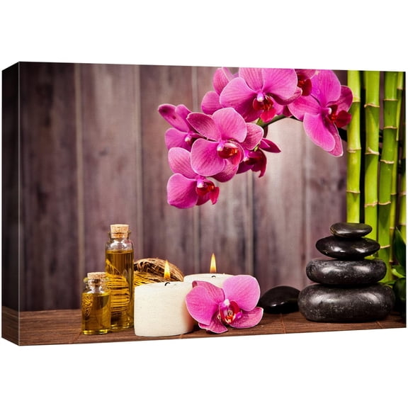 Aaheei Canvas Print Wall Art Pink Orchid Flowers Bath Oil Zen Bamboo Pebbles Nature Wilderness Photography Realism Rustic Landscape Colorful Multicolor for Living Room, Bedroom, Office