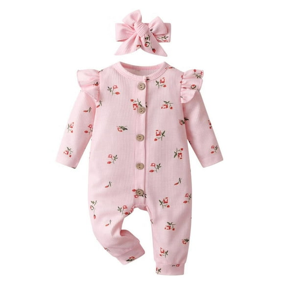 Newborn Baby Girl Long Sleeve Letter Ruffle Romper and Headband Outfit Set Pink