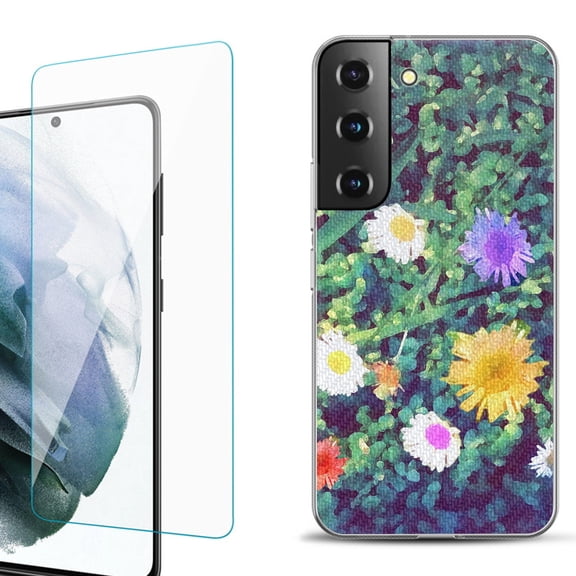 Slim-Fit Fashion Gel Phone Case for Samsung Galaxy S22  5G / S22 Plus 5G, with Tempered Glass Screen Protector, by OneToughShield ® - Daisy Paint