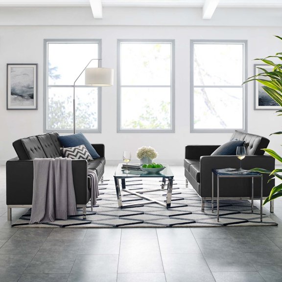 Modway Loft Tufted Faux Leather Sofa and Loveseat Set - Silver Navy