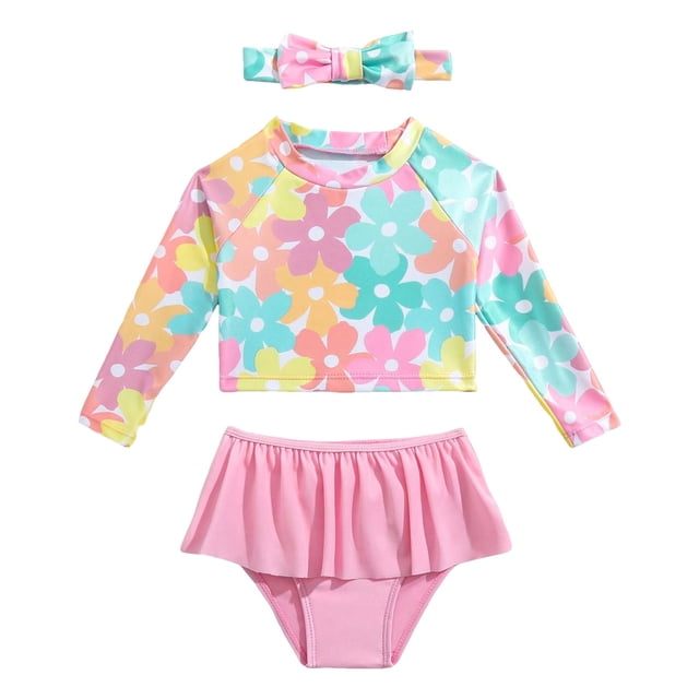 Splozh Kids Bathing Suits Girls Swimsuit Fashion Cute Cartoon Print Ruffled Edge Split Beach Swimsuit Pink,9-12 Months