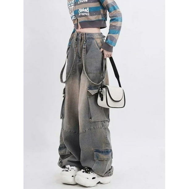 Y2K Blue Cargo Jeans Aesthetic Gothic High Waist Wide Leg Denim Baggy Pants  Straight Trousers Women Clothes 