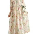 thumbnail image 2 of YM YOUMU Women V-neck Cotton Linen Floral Print Dress Half Sleeve Drawstring Loose Beach Holiday, 2 of 5