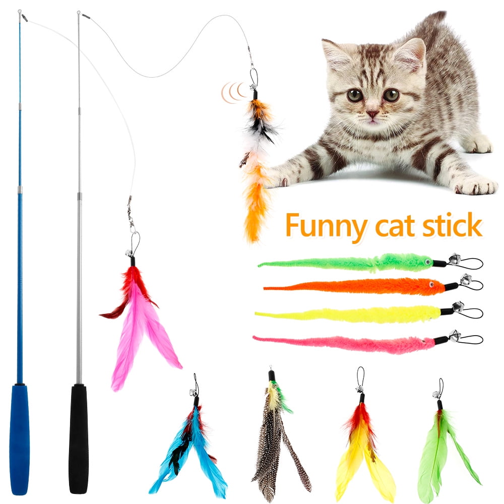 Cat Feather Toys Interactive Bird Feather Pet Teaser Retractable Teaser Wands and Feather Worm Toys with Bells for Indoor Cat and Kitten Catcher 11 Piece Toy Set