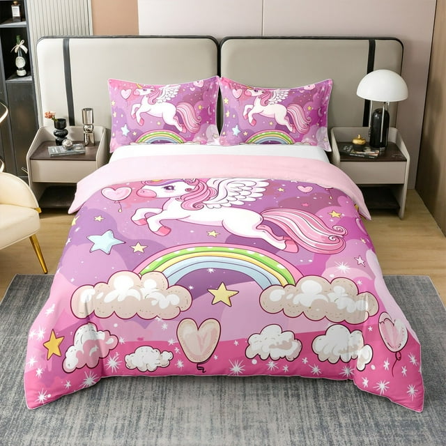 Erosebridal Housse de Couette Licorne 100 % Coton Format Simple pour Enfants, Ensembles de Literie Conte de Fées Format Simple, Déco Animaux Dessin Animé, Réversible 2 Pcs (Sans Couette)