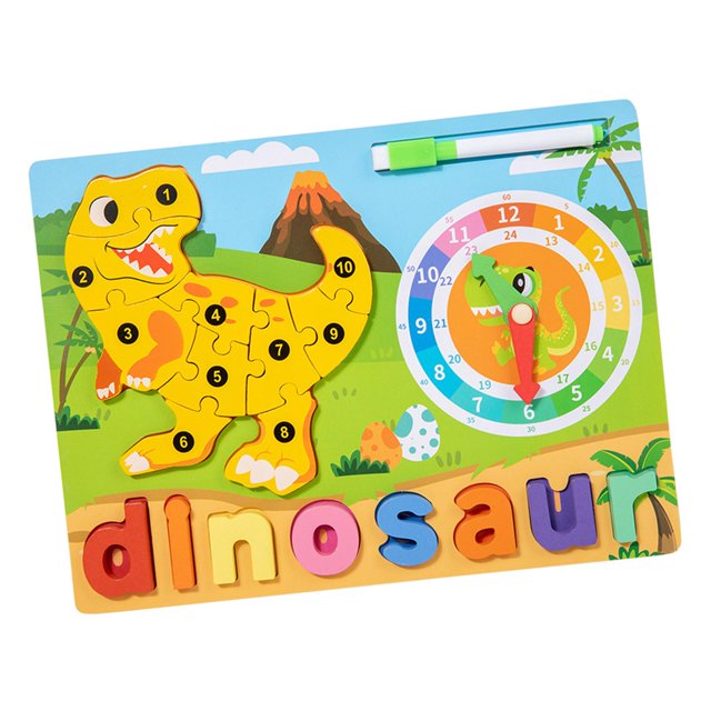 Rompecabezas de madera de animales con reloj, bloques de juguete, juguetes, rompecabezas del alfabeto para niños dinosaurio