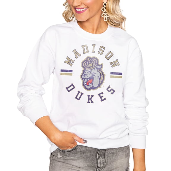Women's Gameday Couture White James Madison Dukes Oversized Vintage Days Perfect Crew Sweatshirt