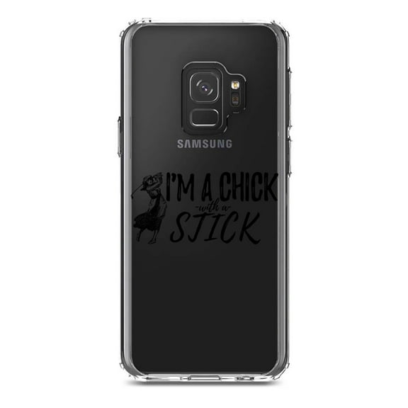 DistinctInk Clear Shockproof Hybrid Case for Samsung Galaxy S9 (5.8" Screen) - TPU Bumper Acrylic Back Tempered Glass Screen Protector - I'm a Chick with a Stick Golf