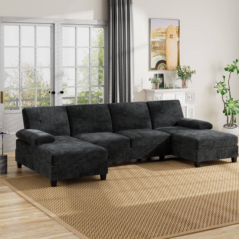 Walsunny Modern U-Shaped Sectional Sleeper Sofa with 4 Deep Seat, Modular Cloud Oversized Sofa Couch with Chenille Fabric & Double Chaise for Apartment, Black