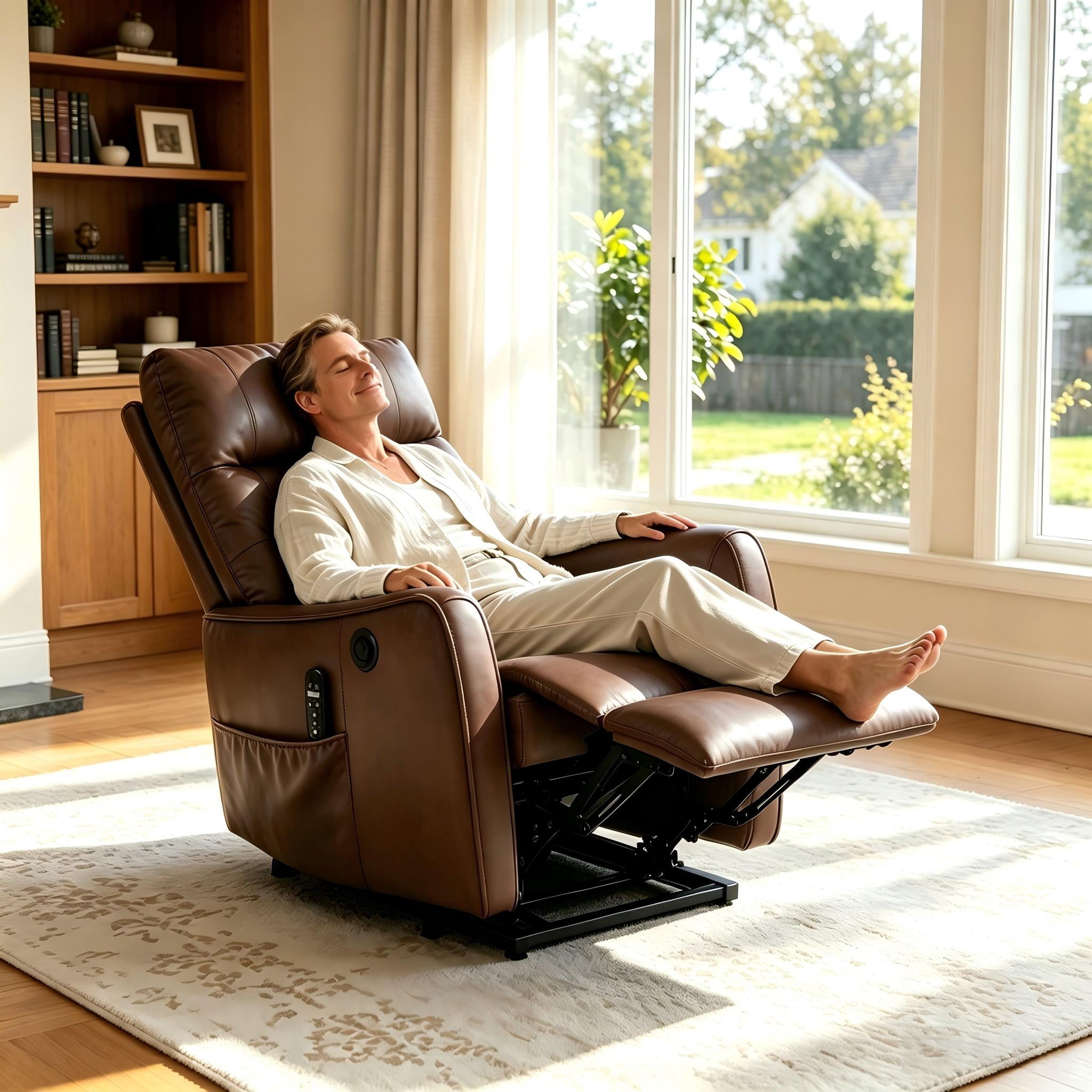 Aukfa Leather Power Lift Recliner Chair for Elderly, Single Motor Electric Chair with Massage, Heat & USB Charging Port, Dark Brown