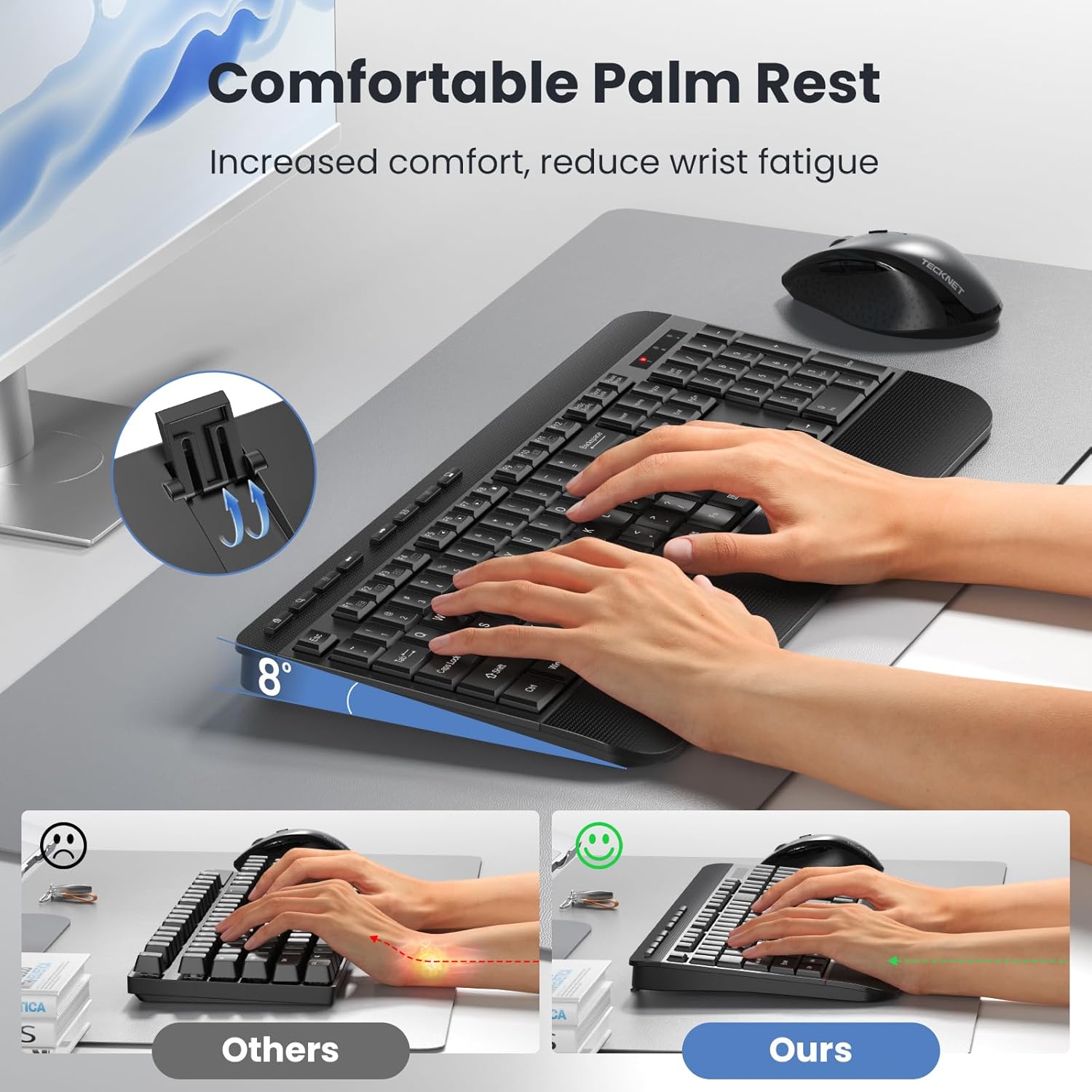Ergonomic Wireless Keyboard for Laptop, 2.4G USB Silent Computer Keyboard with Comfortable Palm Rest & Adjustable Feet Stand for Desktop, PC, Notebook, Surface and Windows, Full Size Layout