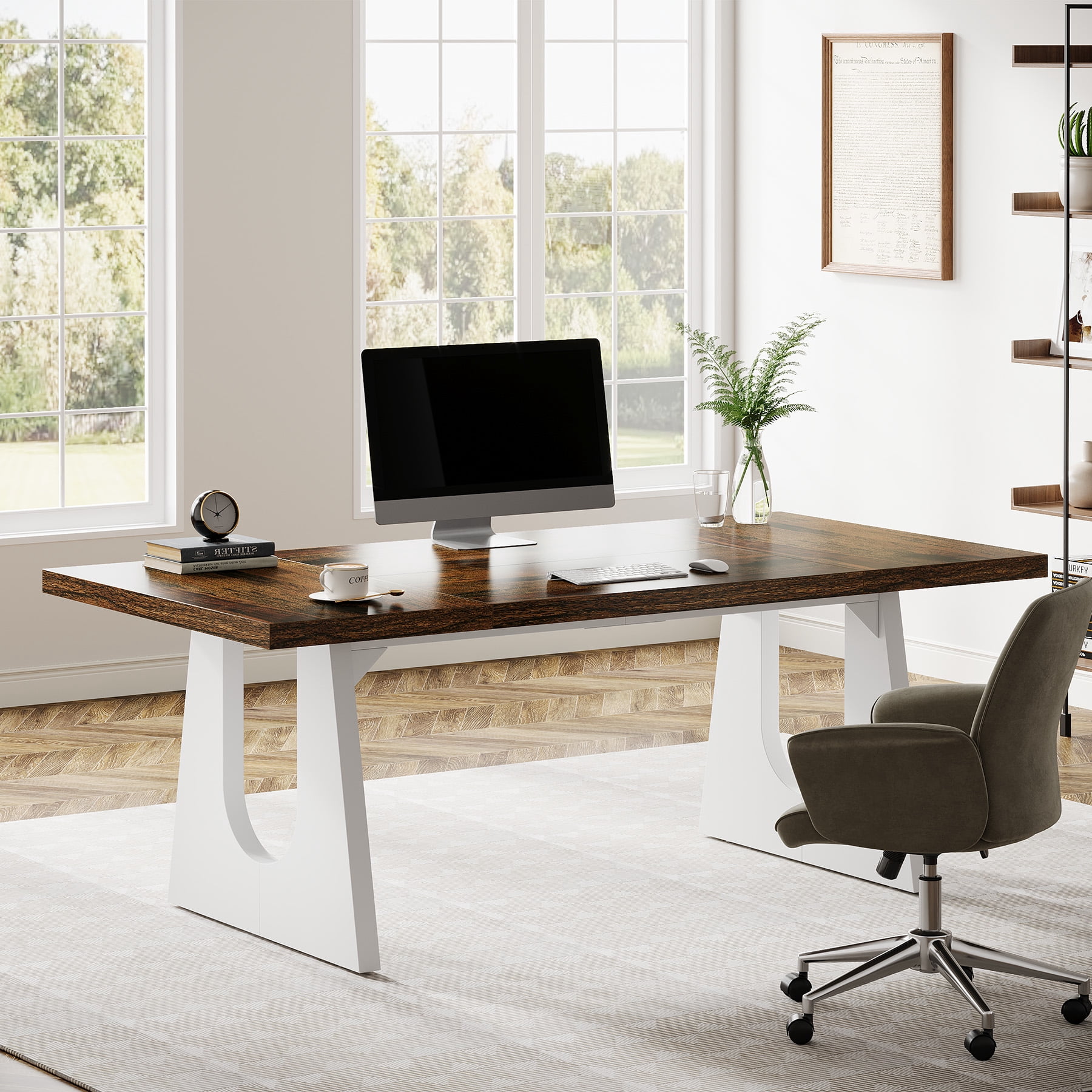 Tribesigns 70.86 in. Rectangle Brown Wood Executive Desk Large Computer Office Desk Writing Table with Sturdy Base