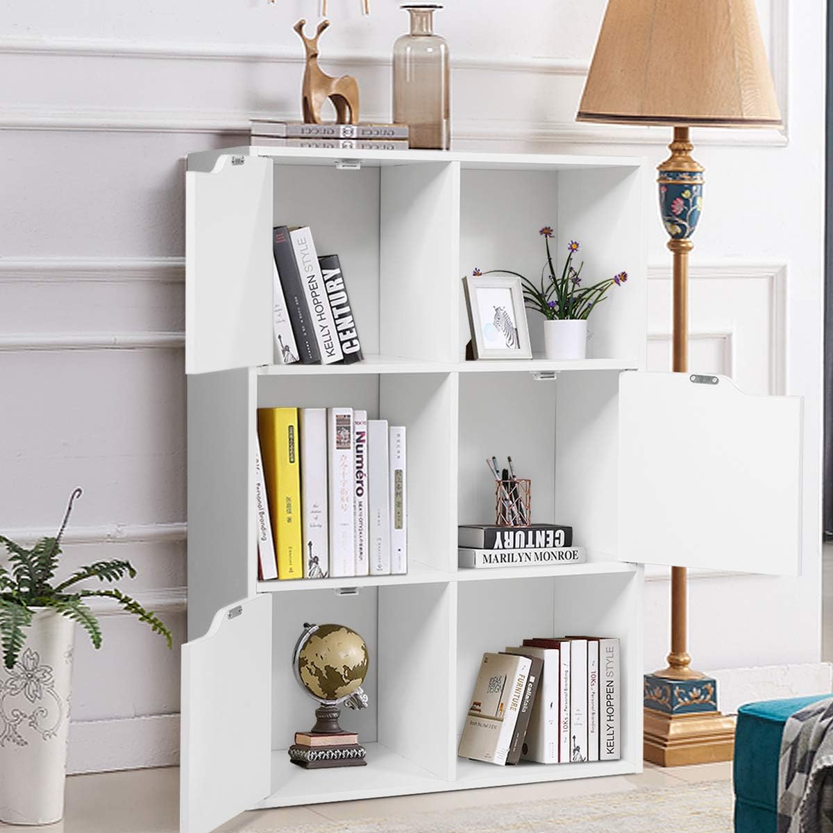 Favory 6-Cube Storage Organizer, Storage Cabinet with 4 Open Cubes and 5 Cabinets, Freestanding Wooden Cubby Bookcase, Compartment Units for Home Office, 3-Tier Bookshelf for Books,White