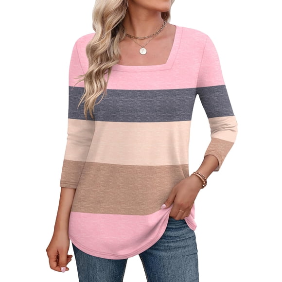 Top LOMON de manga 3/4 para mujer, cuello cuadrado, verano, color coral M