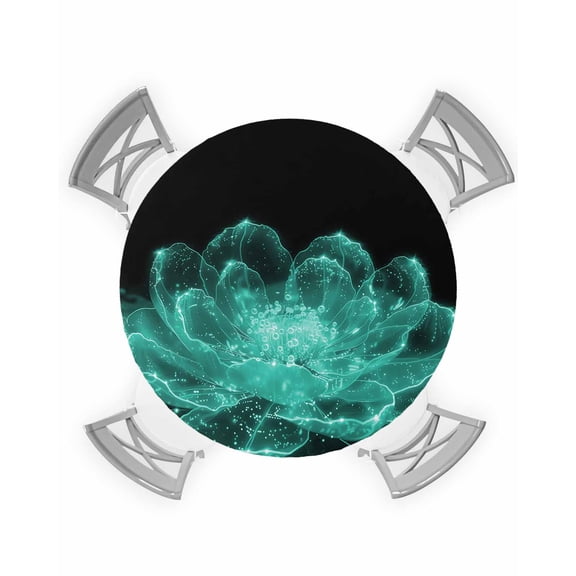 nqOlkjepod Teal Black Floral Round Tablecloth, Fitted Table Cover with Elastic for 55"-60" Round Tables, Modern Minimalist Ombre Botanical Table Cloth Outdoor Dinning Party Waterproof Tablecloths