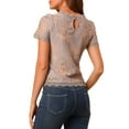 thumbnail image 4 of MODA NOVA Junior's Scalloped Trim Short Shirred Sleeves Sheer Floral Lace Blouse Purple XS, 4 of 7