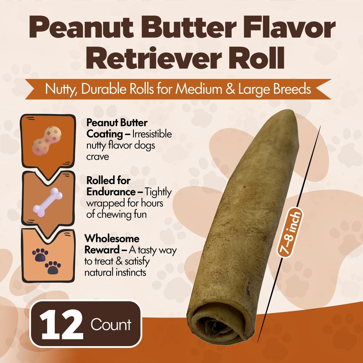 Retriever Rolls 7 to 8-in Peanut Butter Flavor Rawhide Dog Chew Treats, 12 CT