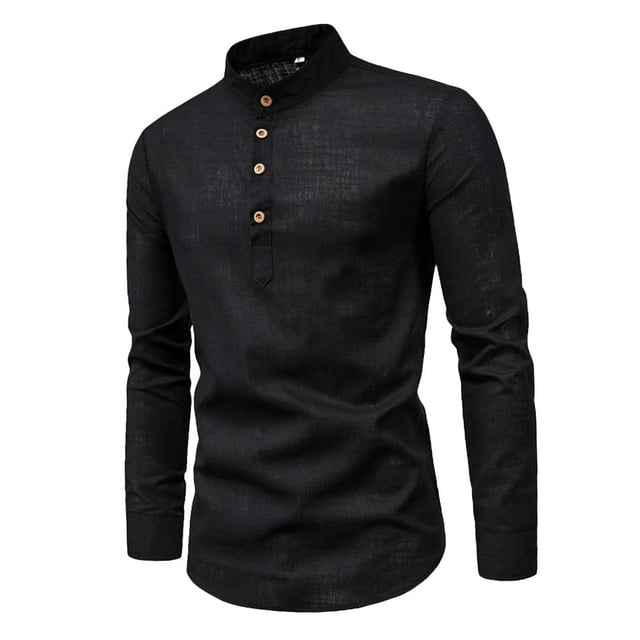 Camisa de manga larga para hombre, cuello mao, formal, color liso, semiabierta Negro